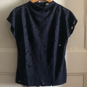 Reiss Navy Blue Burnout Sheer Flowers Floral Top Size Small